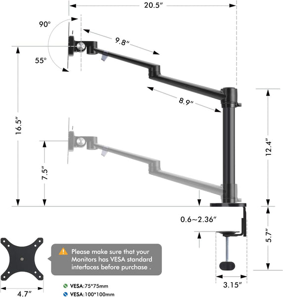 ThingyClub® Single LCD Arm Desk VESA Bracket & Monitor Arm Stand for 10"-27" Screens: Tilt up 90° /down 85°, Swivel left / right 180°, 360° Rotation (Silver, Black)