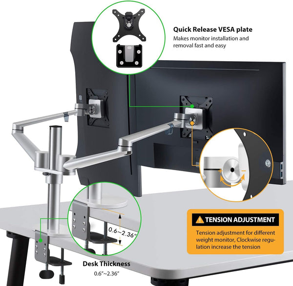 ThingyClub® Dual LCD Arm Desk VESA Bracket & Monitor Arm Stand for 10"-27" Screens: Tilt up 90° /down 85°, Swivel left / right 180°, 360° Rotation (Black, Silver)