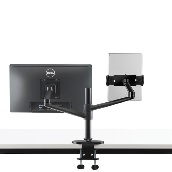 ThingyClub® Adjustable Aluminium Universal Tablet & Monitor Desk Mount Dual Arms Stand Bracket with Tilt and Swivel (Silver, Black)