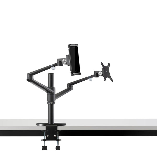 ThingyClub® Adjustable Aluminium Universal Tablet & Monitor Desk Mount Dual Arms Stand Bracket with Tilt and Swivel (Silver, Black)