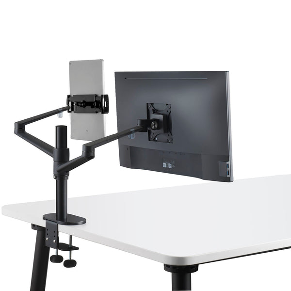 ThingyClub® Adjustable Aluminium Universal Tablet & Monitor Desk Mount Dual Arms Stand Bracket with Tilt and Swivel (Silver, Black)