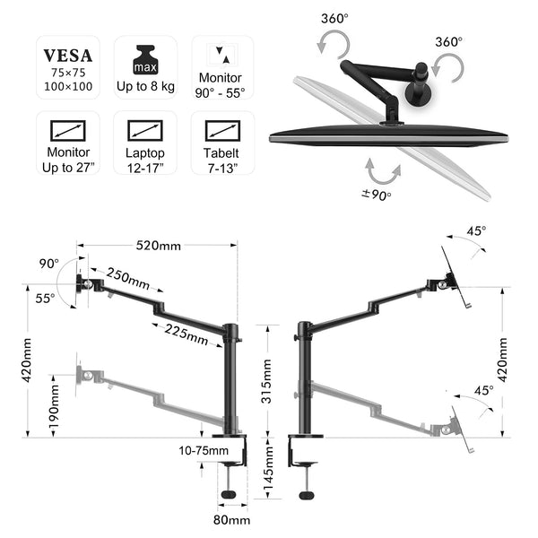 Thingy Club 2 in1 Dual Arm Tablet & Laptop Mount, Height Adjustable Desk Mount Stand for up to 7''-13'' tablet and 12-17 inch Laptop, Extra VESA Adopter up to 27'' monitor