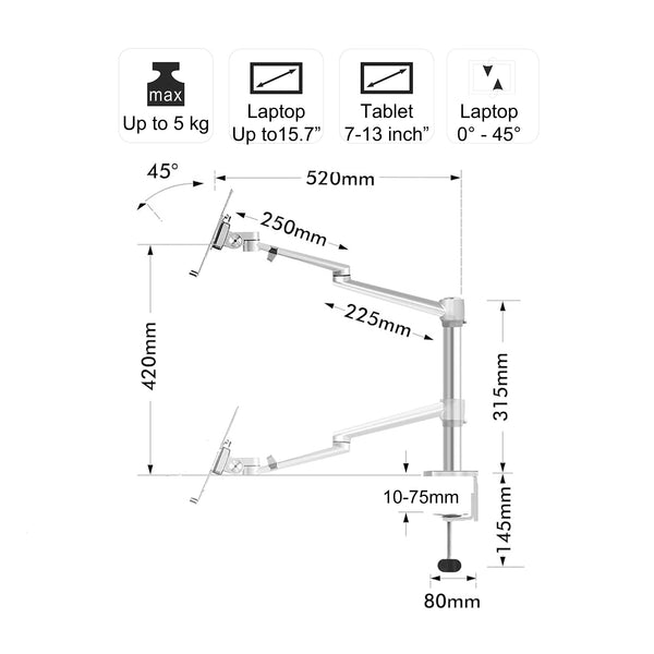 ThingyClub® Adjustable Aluminium Universal 2 in 1 Single Laptop Notebook or Tablet Desk Mount Arm Stand Bracket with Tilt and Swivel (Silver, Black)
