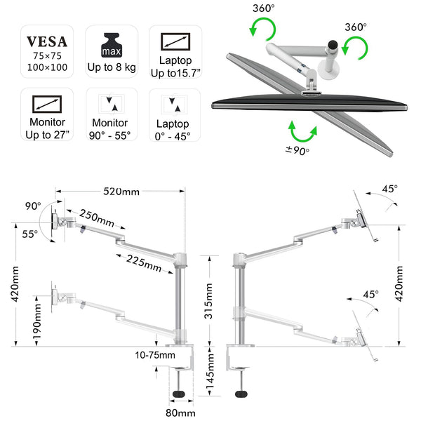 ThingyClub® Adjustable Aluminium Universal Laptop & Monitor Desk Mount Monitor Arm Stand Bracket with Tilt and Swivel (Black, Silver)