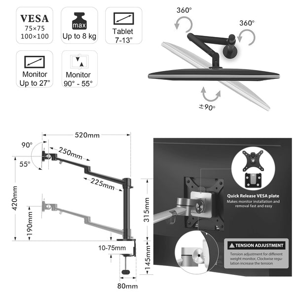 ThingyClub® Adjustable Aluminium Universal Tablet & Monitor Desk Mount Dual Arms Stand Bracket with Tilt and Swivel (Silver, Black)