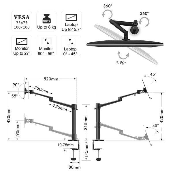 ThingyClub® Adjustable Aluminium Universal Laptop & Monitor Desk Mount Monitor Arm Stand Bracket with Tilt and Swivel (Black, Silver) (REFURBISHED)