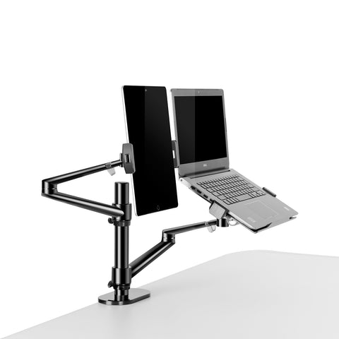 Thingy Club 2 in1 Dual Arm Tablet & Laptop Mount, Height Adjustable Desk Mount Stand for up to 7''-13'' tablet and 12-17 inch Laptop, Extra VESA Adopter up to 27'' monitor