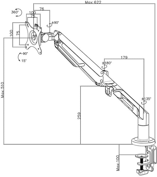 ThingyClub® Single Gas Spring LCD Arm Desk VESA Bracket & Monitor Arm Stand for 10"-27" Screens: Tilt up 90° /down 85°, Swivel left/right 180°, 360° Rotation