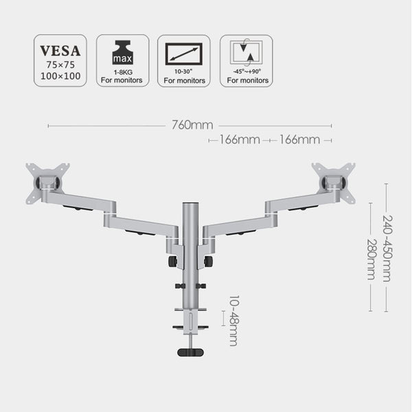 Thingy Club Monitor Desk Mount Bracket stand Arm for 10"-30" LCD LED Screens, Max VESA 100x100mm up to 8kg(17.6lbs) Weight Capacity (Dual Long Arm-New)
