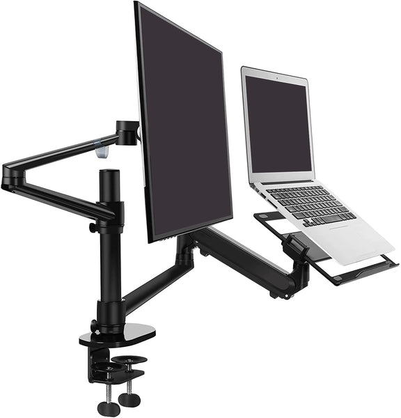 ThingyClub Dual Arm Laptop and Monitor Stand – Single Height Adjustable Gas Spring laptop Arm and Single Arm Stand/Holder Swivel Monitor Desk Mount Fits 17 to 27 inch Computer Screen