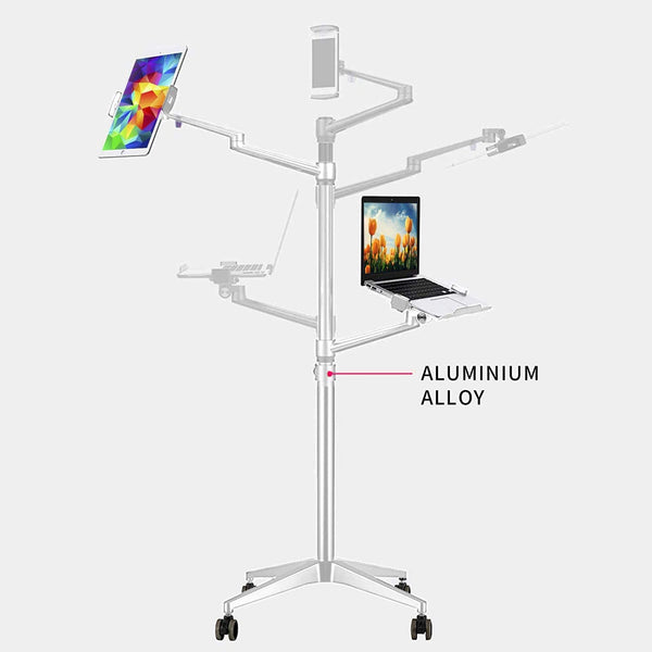 THINGYCLUB New 9L MOBILE ROLLINGTABLET AND LAPTOP MOUNT 2-IN-1 HEIGHT ADJUSTABLE DUAL ARM FLOOR HOLDER FOR TABLET ARM 4-13'' TABLET & PHONE, EXTRA TRAY FITS 12 TO 17 INCH LAPTOPS
