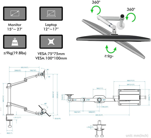 ThingyClub Height Adjustable 3 in 1 Laptop Monitor Stand Compatible with 12 to 17 inch Laptop, Hold 2 Monitors up to 27 inch with VESA, Monitor Desk Stand arm Riser Mount Stand Workstation