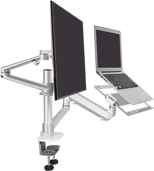 ThingyClub Dual Arm Laptop and Monitor Stand – Single Height Adjustable Gas Spring laptop Arm and Single Arm Stand/Holder Swivel Monitor Desk Mount Fits 17 to 27 inch Computer Screen