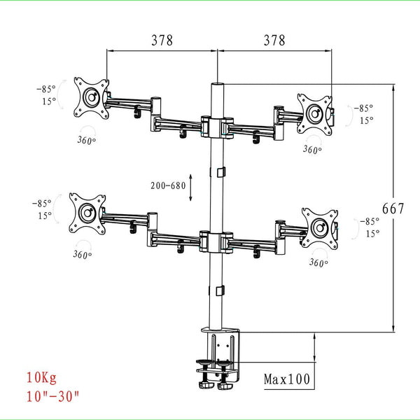 ThingyClub® Adjustable Aluminium Universal Full Motion Desk Mount Arm Stand Bracket (QUADRUPLE MONITOR ARM)