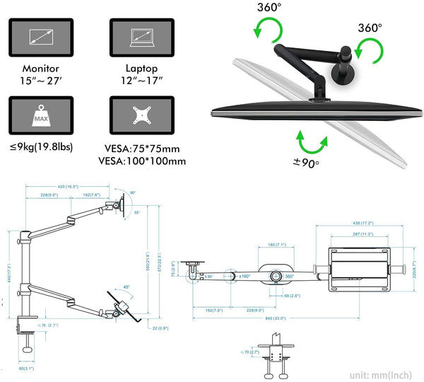 ThingyClub Height Adjustable 3 in 1 Laptop Monitor Stand Compatible with 12 to 17 inch Laptop, Hold 2 Monitors up to 27 inch with VESA, Monitor Desk Stand arm Riser Mount Stand Workstation