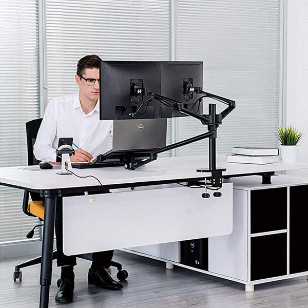 ThingyClub Height Adjustable 3 in 1 Laptop Monitor Stand Compatible with 12 to 17 inch Laptop, Hold 2 Monitors up to 27 inch with VESA, Monitor Desk Stand arm Riser Mount Stand Workstation