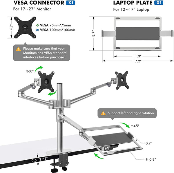 ThingyClub Height Adjustable 3 in 1 Laptop Monitor Stand Compatible with 12 to 17 inch Laptop, Hold 2 Monitors up to 27 inch with VESA, Monitor Desk Stand arm Riser Mount Stand Workstation
