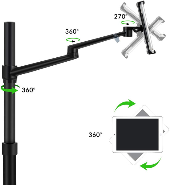 THINGYCLUB New 9L MOBILE ROLLINGTABLET AND LAPTOP MOUNT 2-IN-1 HEIGHT ADJUSTABLE DUAL ARM FLOOR HOLDER FOR TABLET ARM 4-13'' TABLET & PHONE, EXTRA TRAY FITS 12 TO 17 INCH LAPTOPS