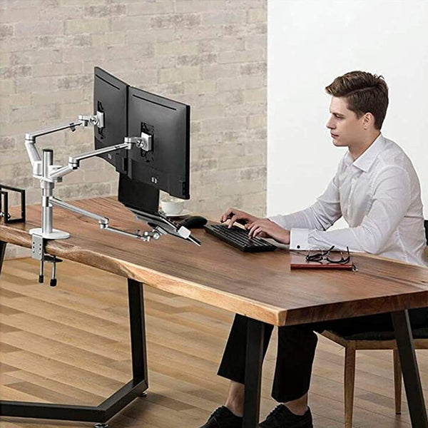 ThingyClub Height Adjustable 3 in 1 Laptop Monitor Stand Compatible with 12 to 17 inch Laptop, Hold 2 Monitors up to 27 inch with VESA, Monitor Desk Stand arm Riser Mount Stand Workstation