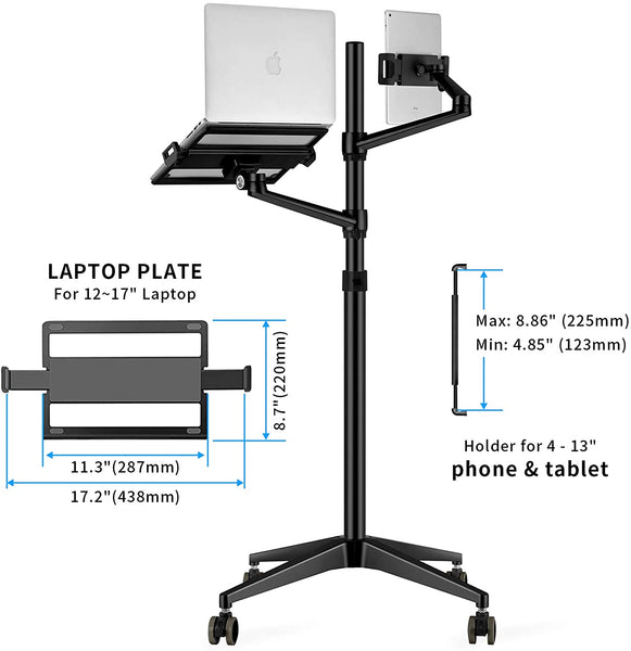 THINGYCLUB New 9L MOBILE ROLLINGTABLET AND LAPTOP MOUNT 2-IN-1 HEIGHT ADJUSTABLE DUAL ARM FLOOR HOLDER FOR TABLET ARM 4-13'' TABLET & PHONE, EXTRA TRAY FITS 12 TO 17 INCH LAPTOPS