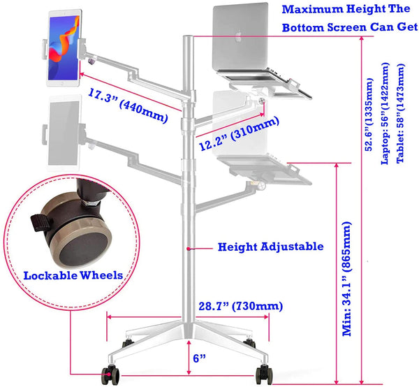 THINGYCLUB New 9L MOBILE ROLLINGTABLET AND LAPTOP MOUNT 2-IN-1 HEIGHT ADJUSTABLE DUAL ARM FLOOR HOLDER FOR TABLET ARM 4-13'' TABLET & PHONE, EXTRA TRAY FITS 12 TO 17 INCH LAPTOPS