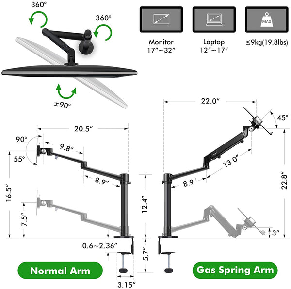 ThingyClub Dual Arm Laptop and Monitor Stand – Single Height Adjustable Gas Spring laptop Arm and Single Arm Stand/Holder Swivel Monitor Desk Mount Fits 17 to 27 inch Computer Screen
