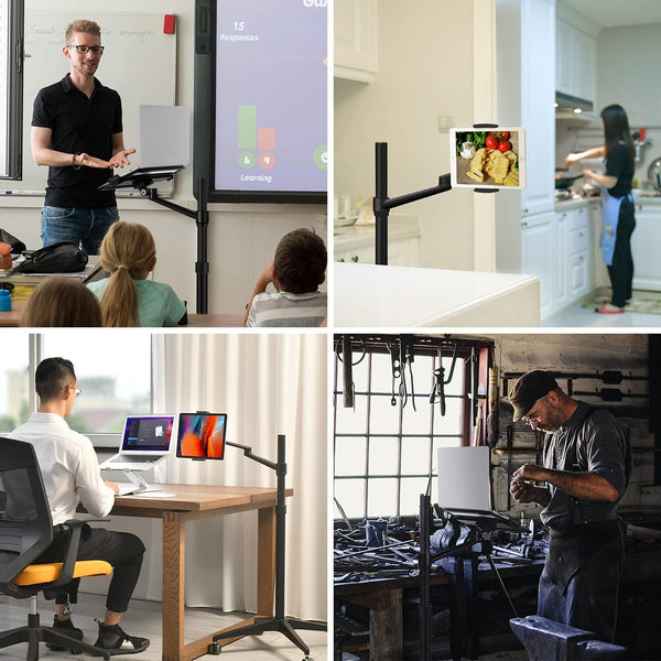 THINGYCLUB New 9L MOBILE ROLLINGTABLET AND LAPTOP MOUNT 2-IN-1 HEIGHT ADJUSTABLE DUAL ARM FLOOR HOLDER FOR TABLET ARM 4-13'' TABLET & PHONE, EXTRA TRAY FITS 12 TO 17 INCH LAPTOPS