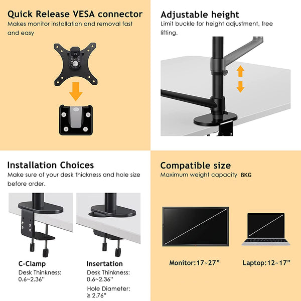 ThingyClub Dual Arm Laptop and Monitor Stand – Single Height Adjustable Gas Spring laptop Arm and Single Arm Stand/Holder Swivel Monitor Desk Mount Fits 17 to 27 inch Computer Screen