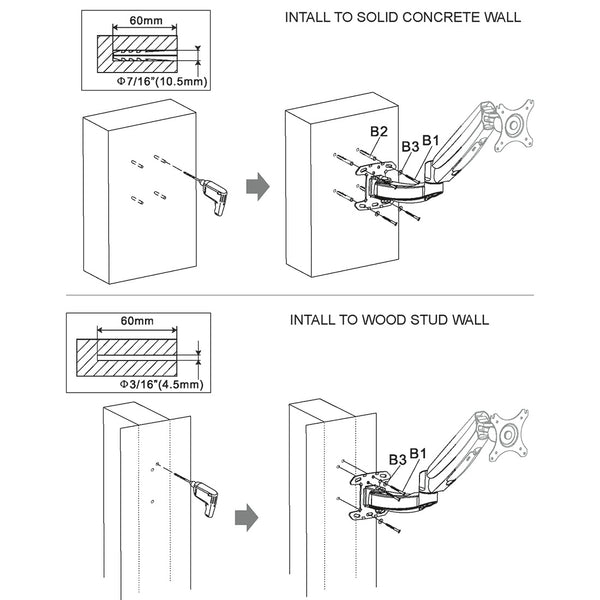 ThingyClub Gas Powered Single LCD LED Wall Mount Arm Monitor Stand Bracket with Tilt and Swivel (Tilt -90°/+85°|Swivel 180°|Rotate 360°)