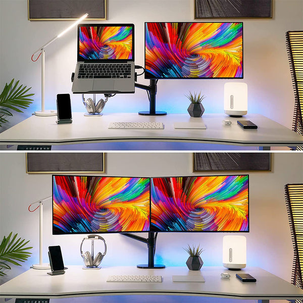 ThingyClub Dual Arm Laptop and Monitor Stand – Single Height Adjustable Gas Spring laptop Arm and Single Arm Stand/Holder Swivel Monitor Desk Mount Fits 17 to 27 inch Computer Screen