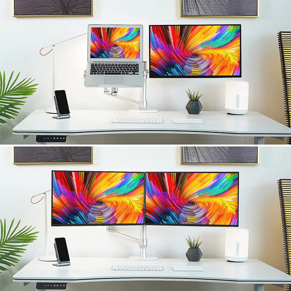 ThingyClub Dual Arm Laptop and Monitor Stand – Single Height Adjustable Gas Spring laptop Arm and Single Arm Stand/Holder Swivel Monitor Desk Mount Fits 17 to 27 inch Computer Screen