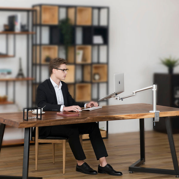 ThingyClub® Adjustable Aluminium Universal 2 in 1 Single Laptop Notebook or Tablet Desk Mount Arm Stand Bracket with Tilt and Swivel (Silver, Black)