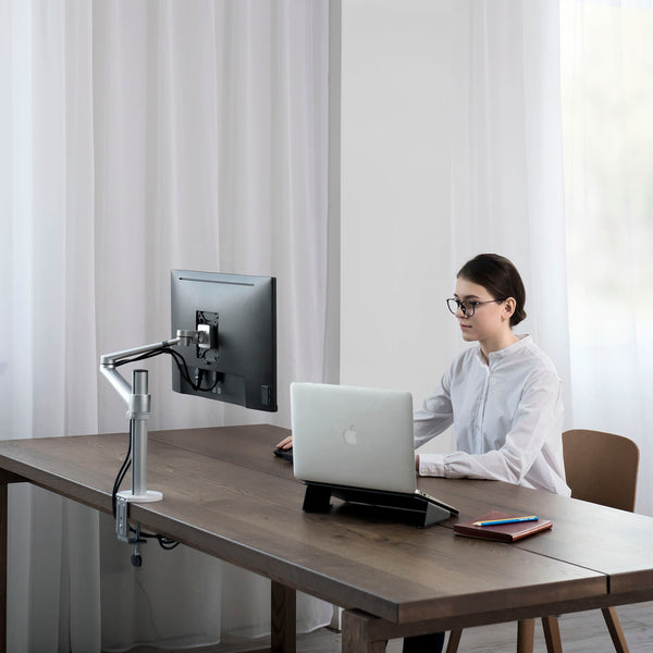 ThingyClub® Single LCD Arm Desk VESA Bracket & Monitor Arm Stand for 10"-27" Screens: Tilt up 90° /down 85°, Swivel left / right 180°, 360° Rotation (Silver, Black)