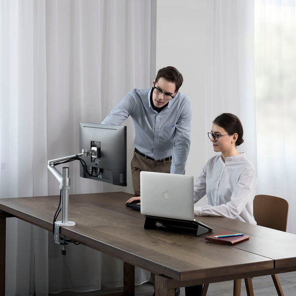 ThingyClub® Single LCD Arm Desk VESA Bracket & Monitor Arm Stand for 10"-27" Screens: Tilt up 90° /down 85°, Swivel left / right 180°, 360° Rotation (Silver, Black)