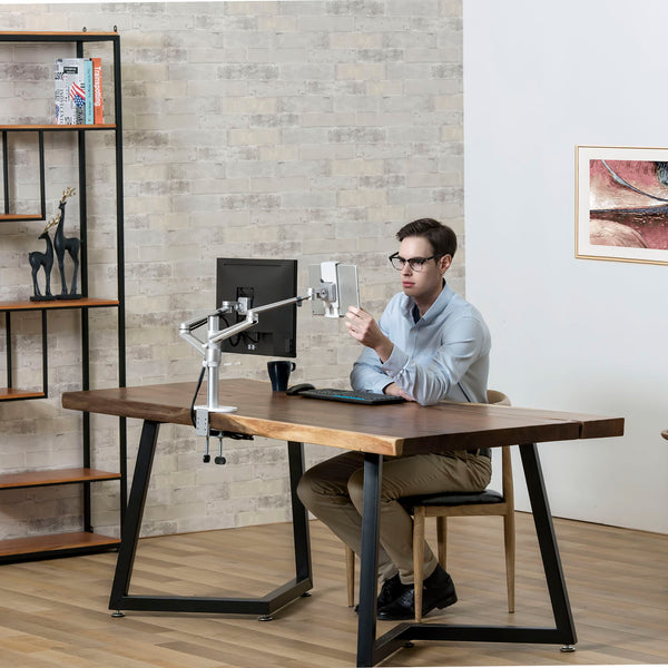 ThingyClub® Adjustable Aluminium Universal Tablet & Monitor Desk Mount Dual Arms Stand Bracket with Tilt and Swivel (Silver, Black)