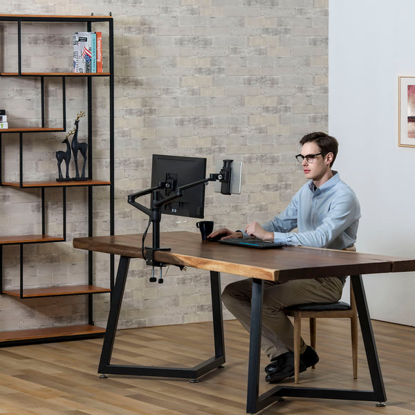 ThingyClub® Adjustable Aluminium Universal Tablet & Monitor Desk Mount Dual Arms Stand Bracket with Tilt and Swivel (Silver, Black)