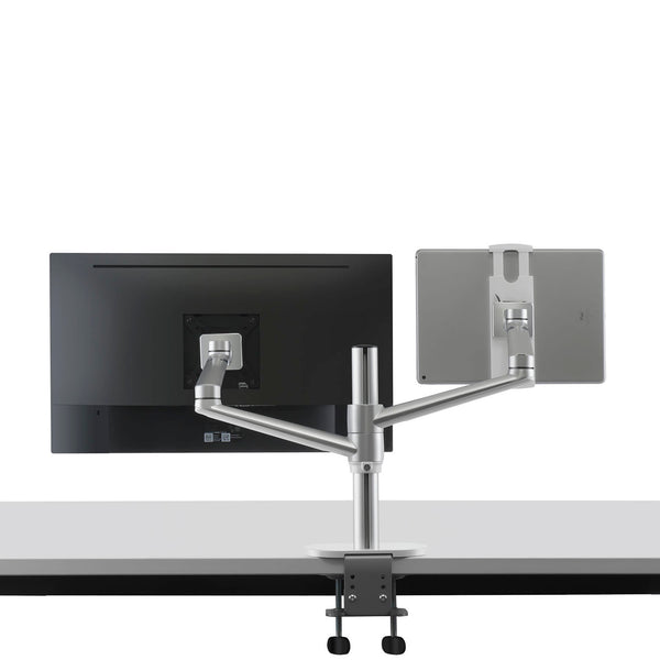 ThingyClub® Adjustable Aluminium Universal Tablet & Monitor Desk Mount Dual Arms Stand Bracket with Tilt and Swivel (Silver, Black)