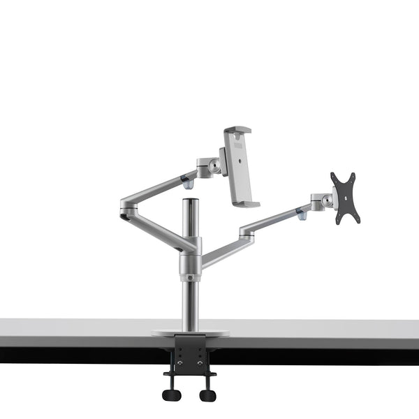 ThingyClub® Adjustable Aluminium Universal Tablet & Monitor Desk Mount Dual Arms Stand Bracket with Tilt and Swivel (Silver, Black)