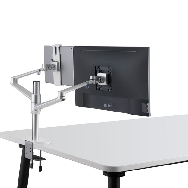 ThingyClub® Adjustable Aluminium Universal Tablet & Monitor Desk Mount Dual Arms Stand Bracket with Tilt and Swivel (Silver, Black)
