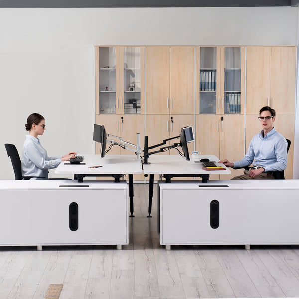 ThingyClub® Adjustable Aluminium Universal Tablet & Monitor Desk Mount Dual Arms Stand Bracket with Tilt and Swivel (Silver, Black)