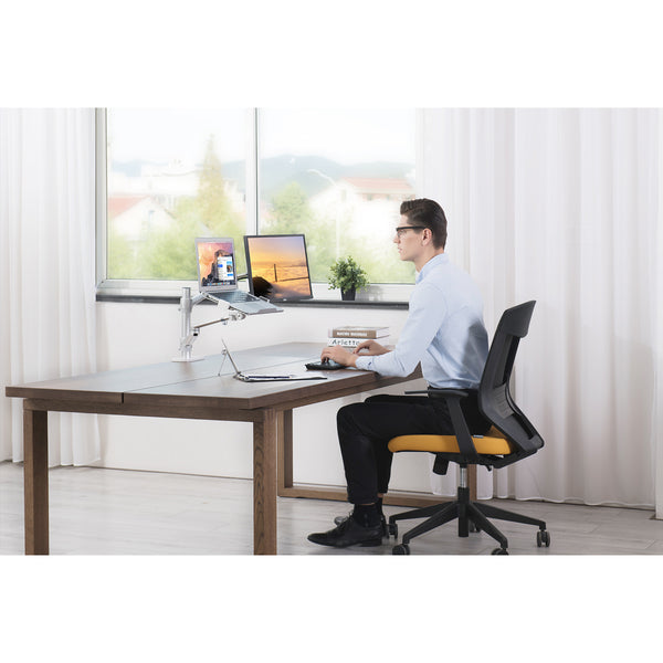 Thingy Club 2 in1 Dual Arm Tablet & Laptop Mount, Height Adjustable Desk Mount Stand for up to 7''-13'' tablet and 12-17 inch Laptop, Extra VESA Adopter up to 27'' monitor