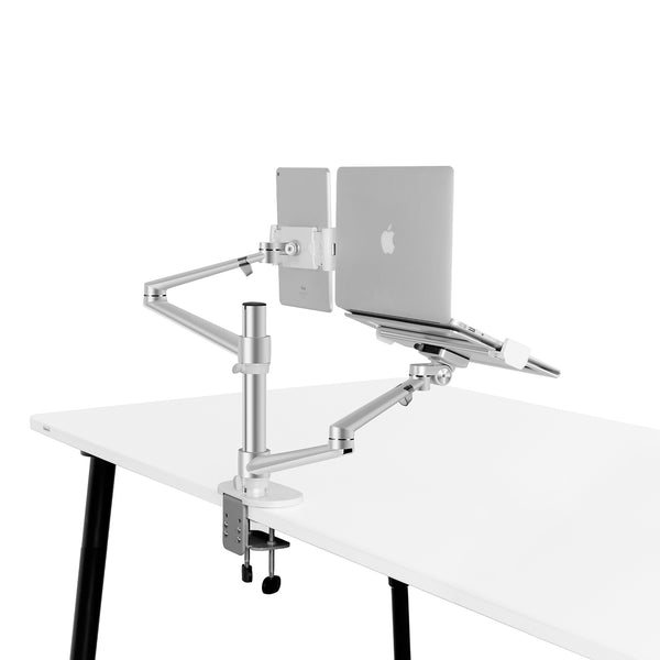 Thingy Club 2 in1 Dual Arm Tablet & Laptop Mount, Height Adjustable Desk Mount Stand for up to 7''-13'' tablet and 12-17 inch Laptop, Extra VESA Adopter up to 27'' monitor