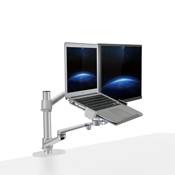 Thingy Club 2 in1 Dual Arm Tablet & Laptop Mount, Height Adjustable Desk Mount Stand for up to 7''-13'' tablet and 12-17 inch Laptop, Extra VESA Adopter up to 27'' monitor