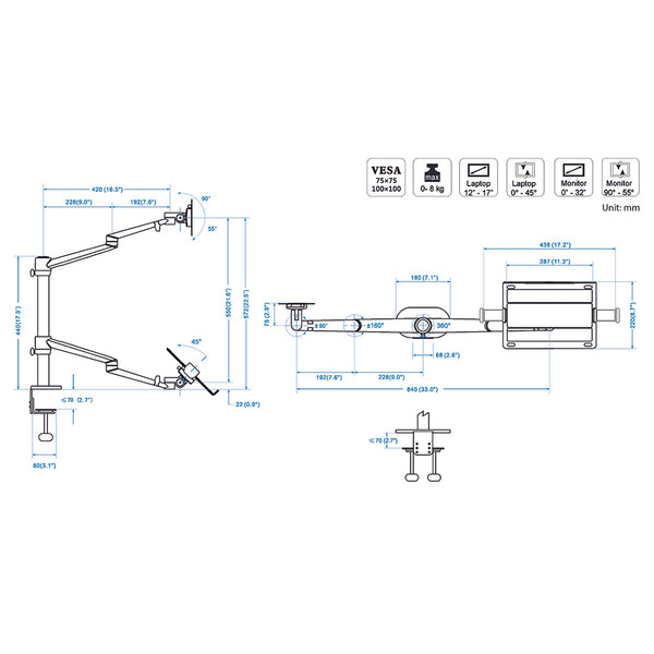 Thingy Club Dual Arm Monitor & Laptop Mount, Desk Mount Stand for up to 32 inch Computer Screen and 12-17 inch Laptop