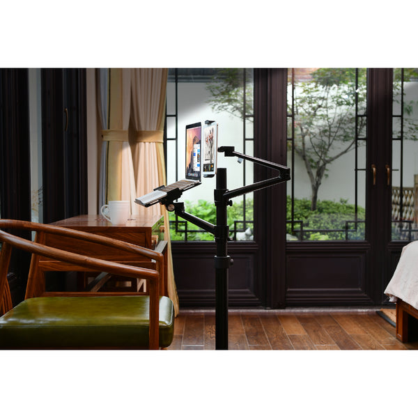 THINGYCLUB New 9L MOBILE ROLLINGTABLET AND LAPTOP MOUNT 2-IN-1 HEIGHT ADJUSTABLE DUAL ARM FLOOR HOLDER FOR TABLET ARM 4-13'' TABLET & PHONE, EXTRA TRAY FITS 12 TO 17 INCH LAPTOPS