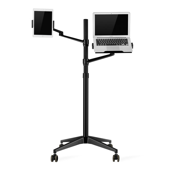 THINGYCLUB New 9L MOBILE ROLLINGTABLET AND LAPTOP MOUNT 2-IN-1 HEIGHT ADJUSTABLE DUAL ARM FLOOR HOLDER FOR TABLET ARM 4-13'' TABLET & PHONE, EXTRA TRAY FITS 12 TO 17 INCH LAPTOPS