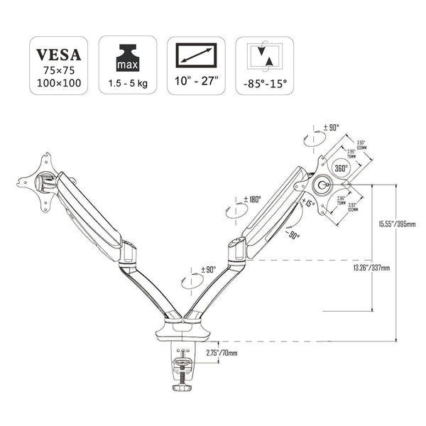 GS - Functional Adjustable Articulating Swivel Computer Monitor Arm Desktop Mount Stand Workstation Support Holder (Dual Arms for Monitors- with USB port)